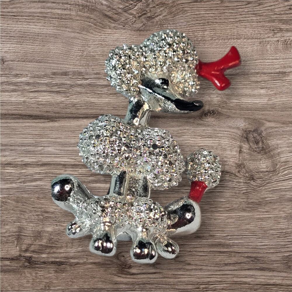 Poodle Dog Silver Tone With Red Bow Collectible Pin / Brooch